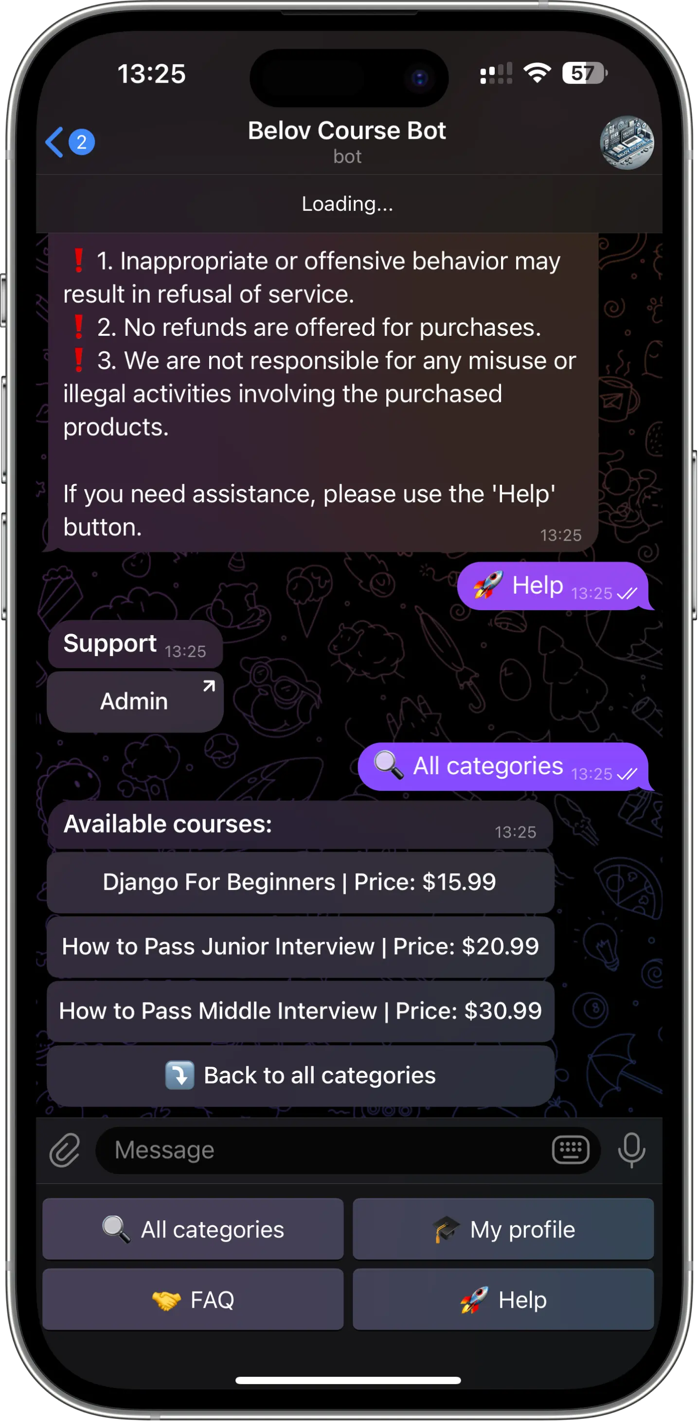 Belov Courses Telegram Bot Interface